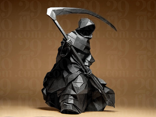 3D Printed Grim Reaper Sculpture: Geometric Low Poly Art